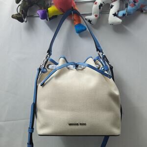 Michael Kors Maeve Ivory Canvas Blue Leather Trim Bucket Shoulder Bag - NWT